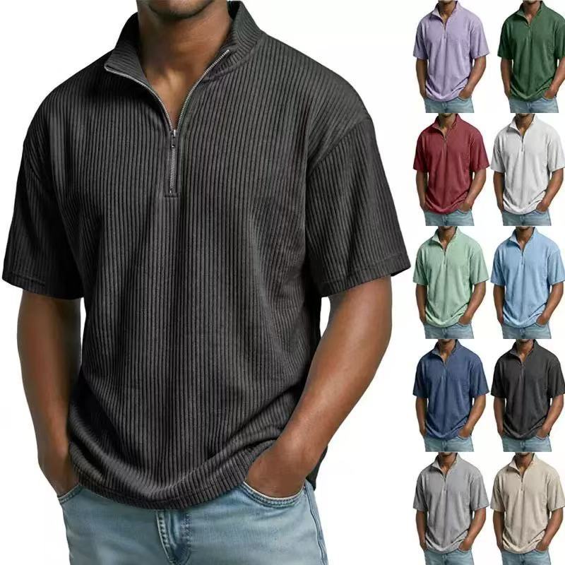 Corduroy Button Up Shirt Men - เสื้อเชิ้ตคอร์ดดูรอยคอตั้งสำหรับฤดูร้อน สีพื้น ทรงหลวม สไตล์ลำลอง แขนสั้นสำหรับผู้ชาย
