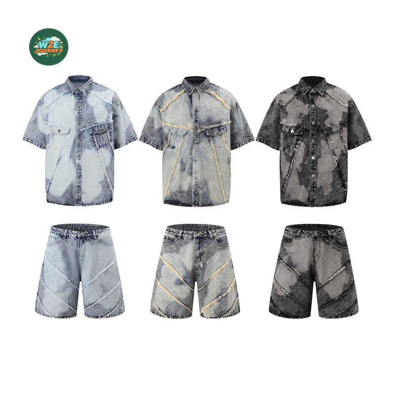 Jeans - ชุดเสื้อแจ็คเก็ตยีนส์แขนสั้นและกางเกงขาสั้นผ้าเดนิมสำหรับผู้ชาย แบรนด์ W2EJOURNEY คุณภาพหรูหรา ขนาด EU