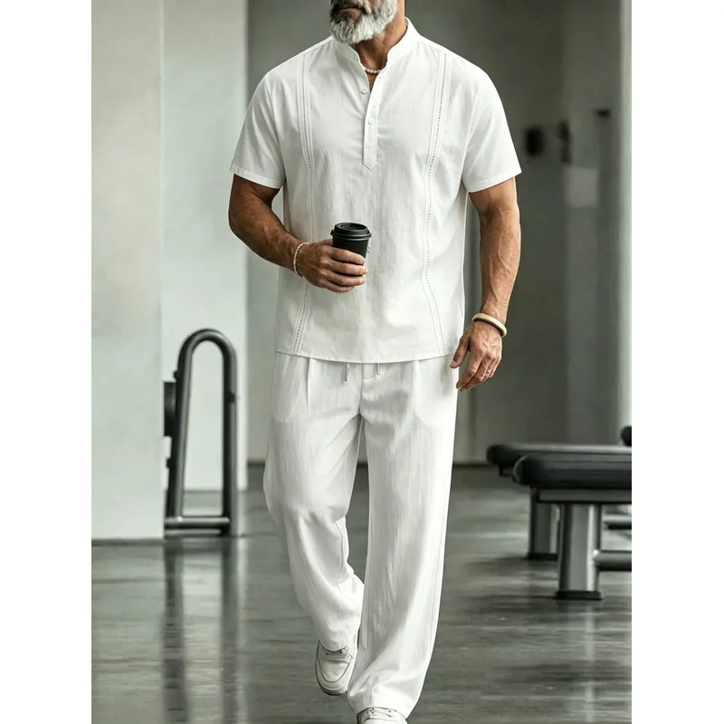 Mens Linen Shirt Long Sleeve - ชุดลำลองผ้าลินินผู้ชาย 2 ชิ้น เสื้อเชิ้ตแขนสั้นปกปกติ + กางเกงขายาว