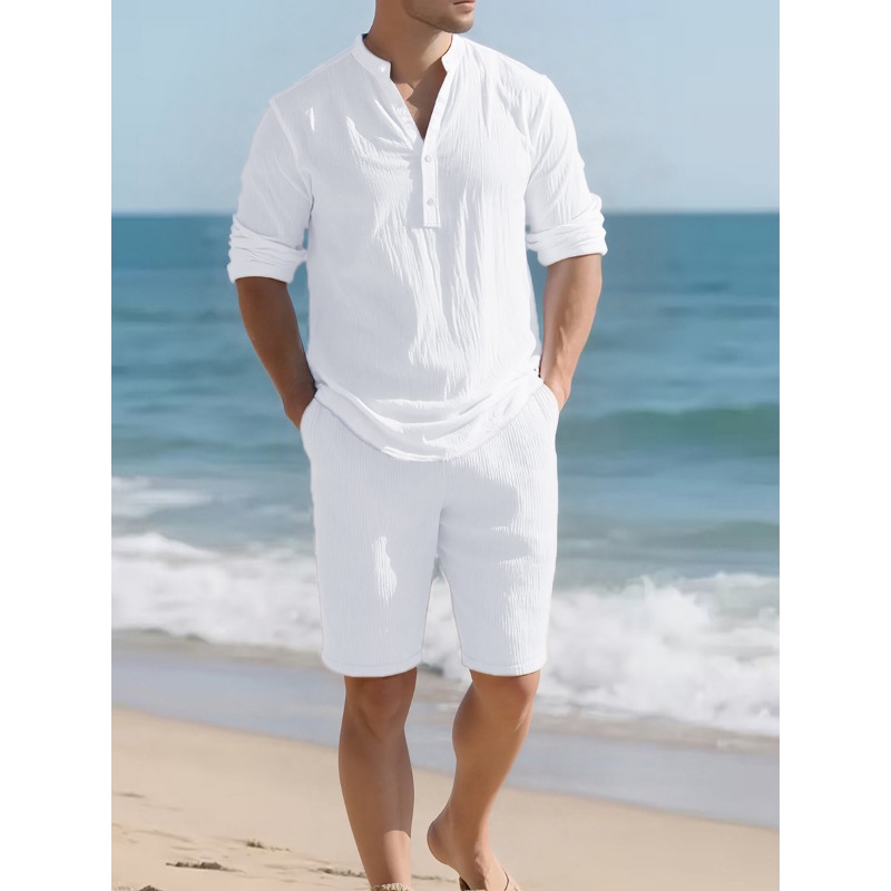Mens Linen Shirt Long Sleeve - ชุดเซ็ตสองชิ้นผ้าลินินผสมสีขาวสำหรับผู้ชาย เสื้อแขนยาวแบบเฮนลีย์และกางเกงขาสั้นลำลองสำหรับใส่ไปชายหาด