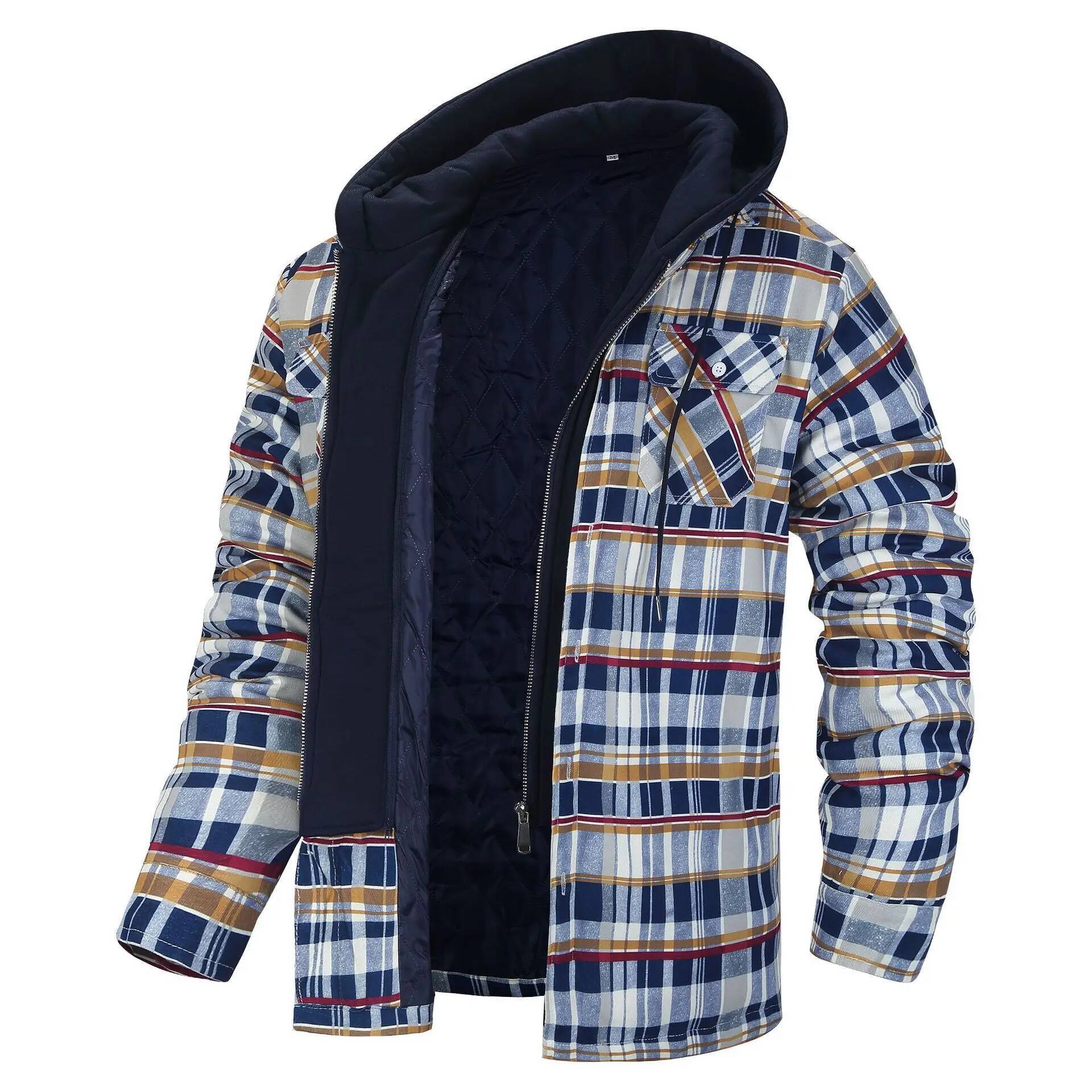 Flannel Plaid Shirt Heavy Weight - เสื้อแจ็คเก็ตผ้าฟลานเนลลายสก็อตสำหรับผู้ชาย สไตล์ลำลอง มีฮู้ดถอดได้ บุหนา ซับในแบบควิลท์ เสื้อแจ็คเก็ตและเสื้อโค้ทสำหรับกิจกรรมกลางแจ้ง