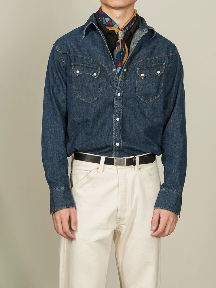 เสื้อเชิ้ตสไตล์วินเทจอเมริกันแ - Mens Western Denim Pearl Snap Shirt บทวิจารณ์และราคา