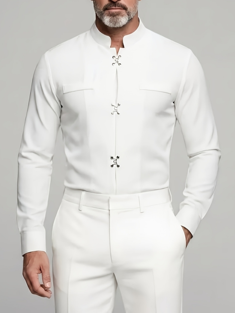เสื้อเชิ้ตผู้ชายหรูหรา คอจีน แ - Mandarin Collar Formal Shirt Slim Fit บทวิจารณ์และราคา